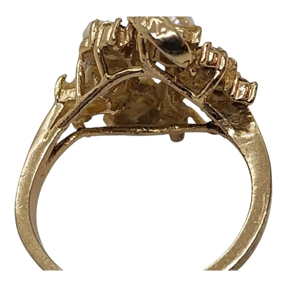Vintage Genuine Pearl Rhinestone Cluster Cocktail Ring Floral Gold Plate Sz 6.75